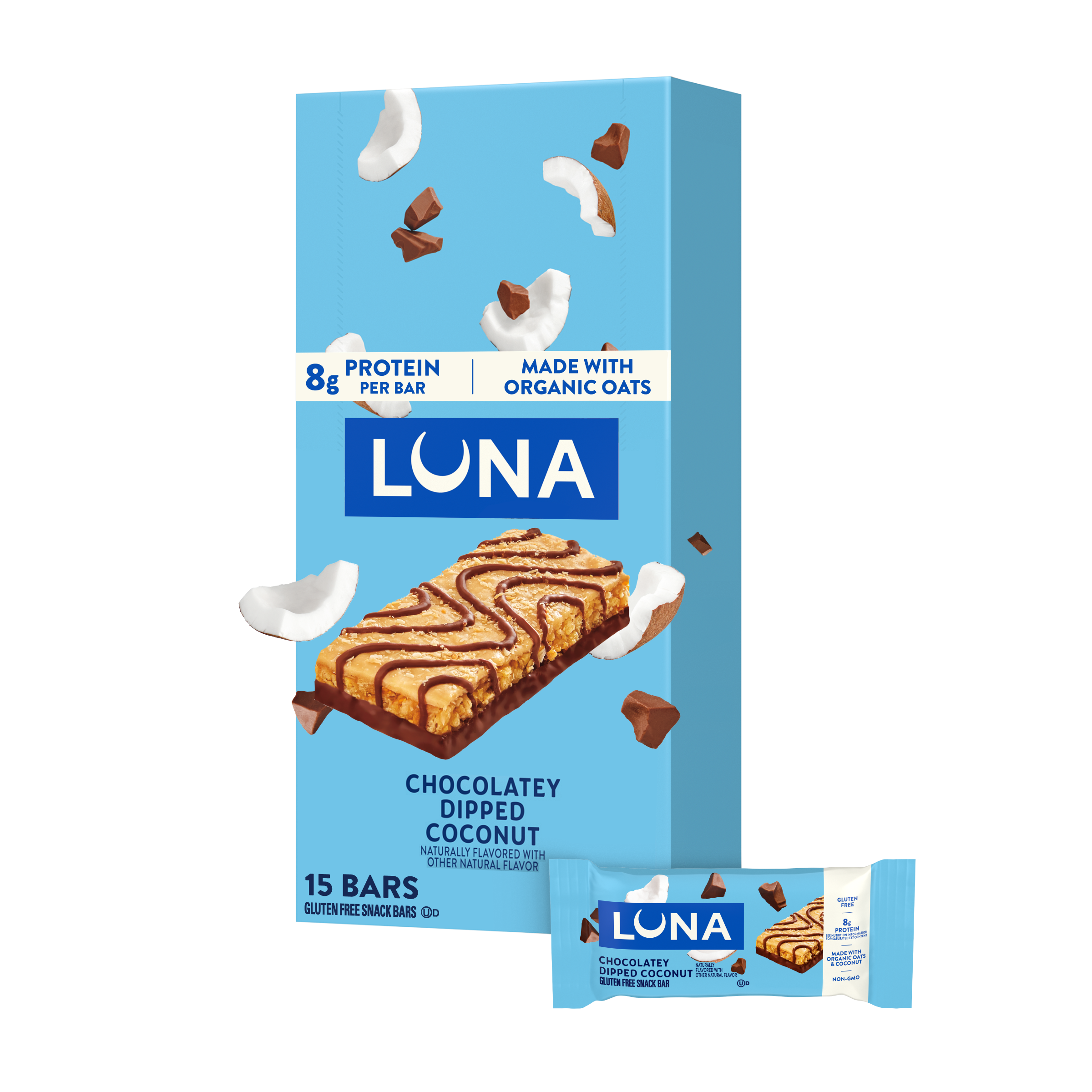 LUNA Bar Chocolatey Dipped Coconut Flavor Gluten Free Snack Bars, Non-GMO Protein Bars